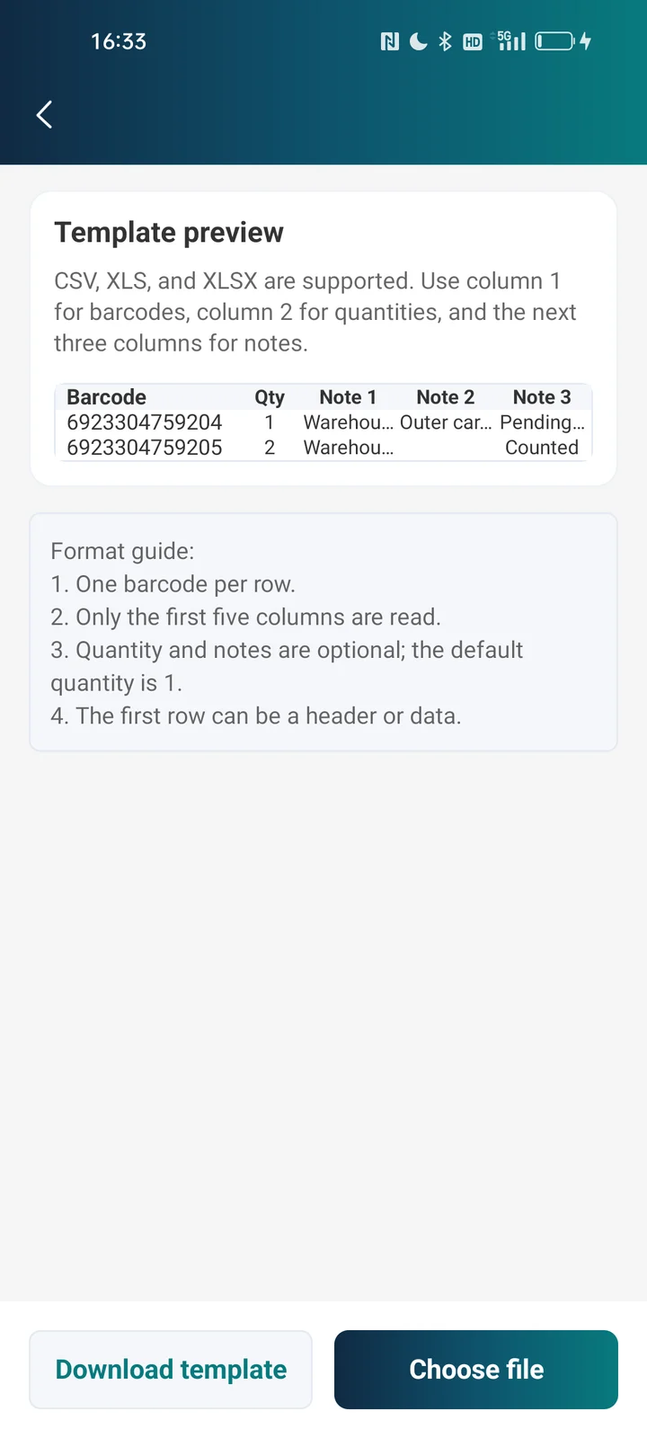 Android file import instructions with five columns